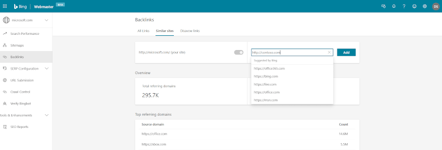 Bing.com screenshot of the backlinks similar sites feature 