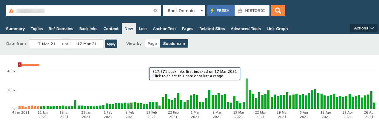  New Backlinks report for a website