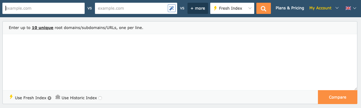 Screenshot of Majestic's Backlink History tool input interface, allows users to compare up to 10 unique root domains, subdomains, or URLs. Fresh Index or Historic Index options are available, with a 'Compare' button at the bottom right - Majestic.com