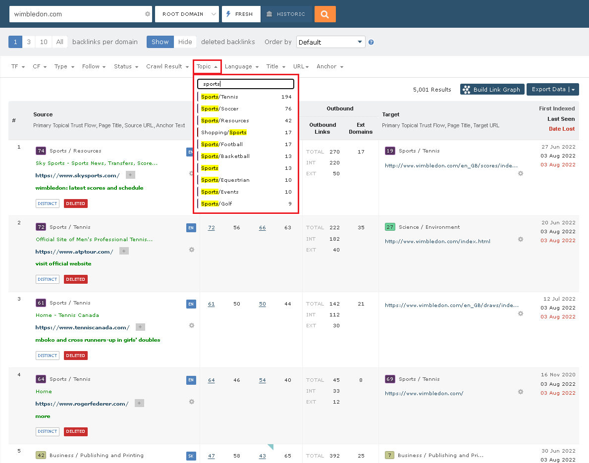 Backlink Checker Filtering by Topical Trust Flow to select all categories related to sports.