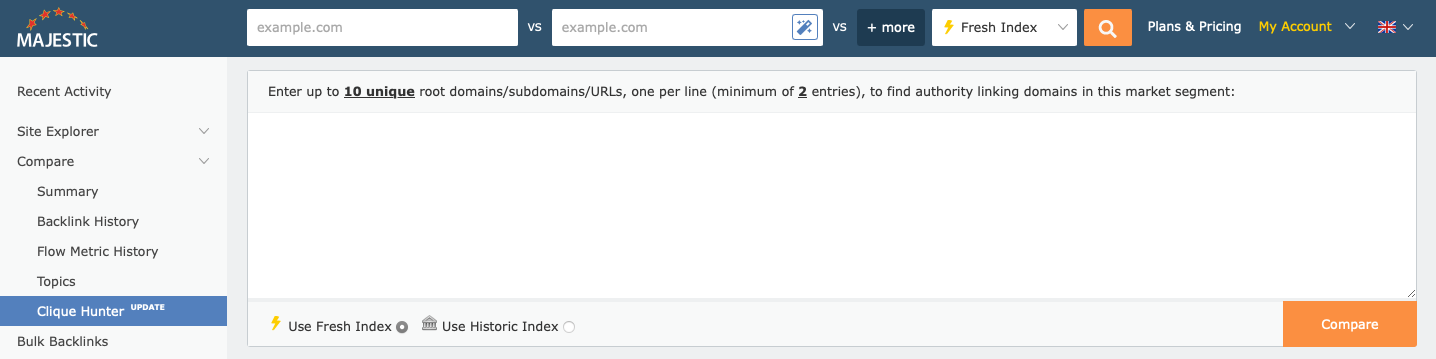 A screenshot of Majestic's Clique Hunter interface displays the comparison tool, where users can enter up to 10 unique root domains to analyse backlink profiles. The interface includes options between Fresh and Historic indexes, allowing users to find authority-linking domains within a specific market segment. This backlink checker tool is designed to identify domains linking to multiple competitors but not to the users site, providing competitive backlink analysis and link building strategy development.