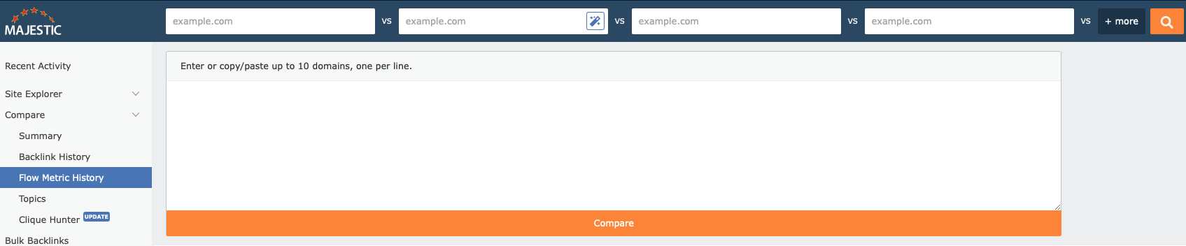 Majestic Flow Metric History tool input section showing fields for entering up to 10 domains for backlink analysis.