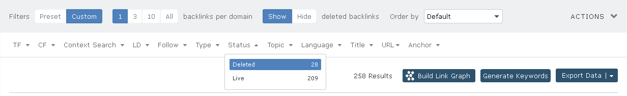 Filter on the context page of Majestic where the deleted backlinks option is active