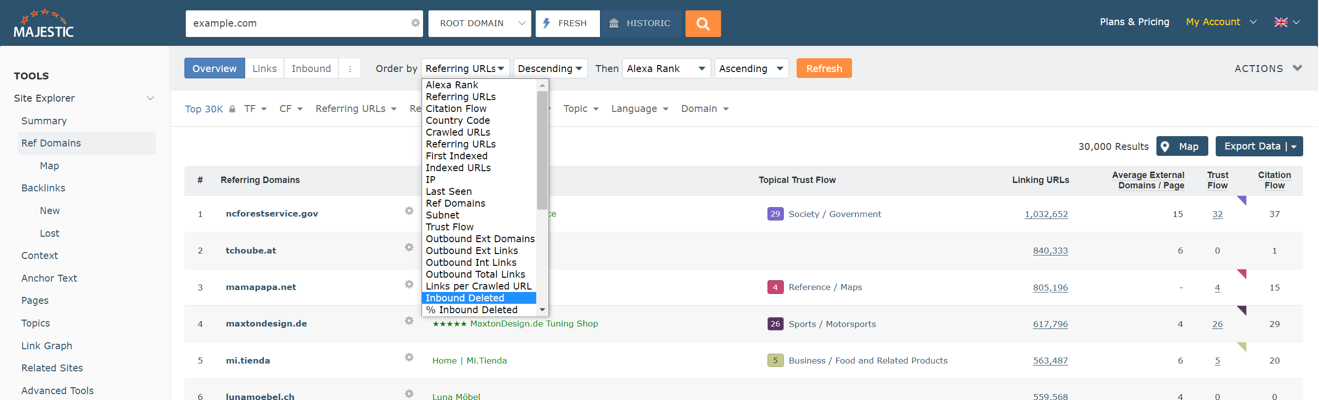 Referring Domain menu to sort backlinks in order of importance based on specific needs to identify certain types of backlinks.