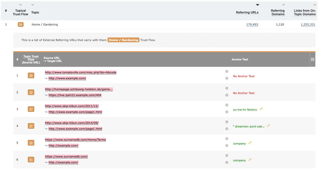 Source URL Values of Topical Trust Flow and Anchor Text