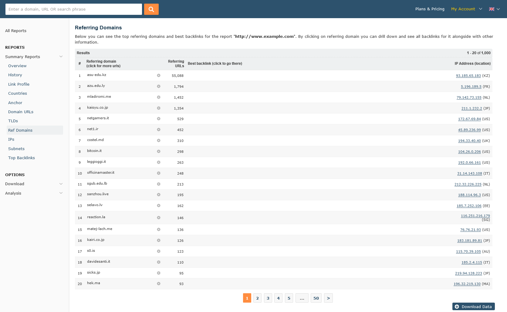 Referring Domain screen for Advanced Report