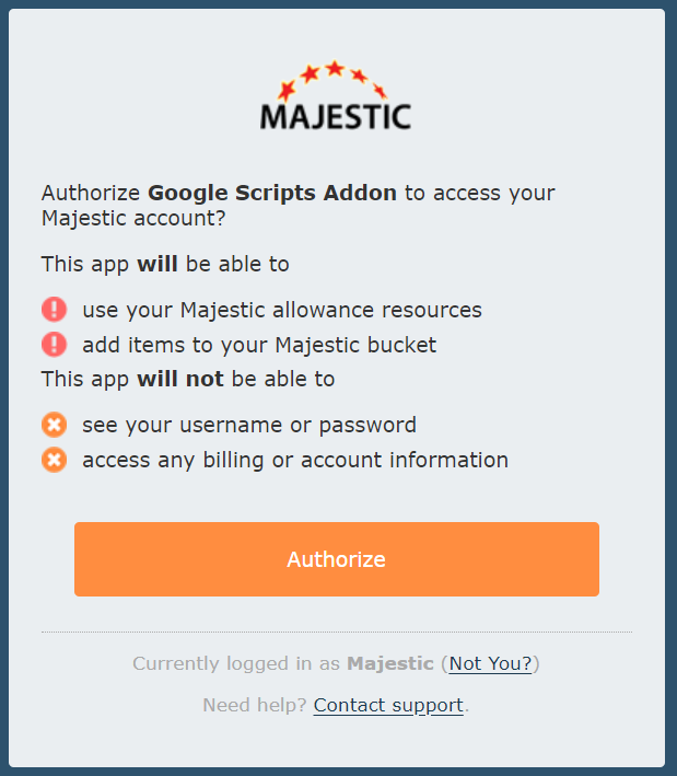 Authorization confirmation for giving Majestic plugin access to account