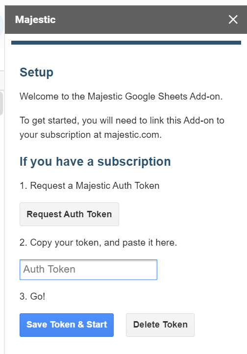 Setup page for Majestic plugin