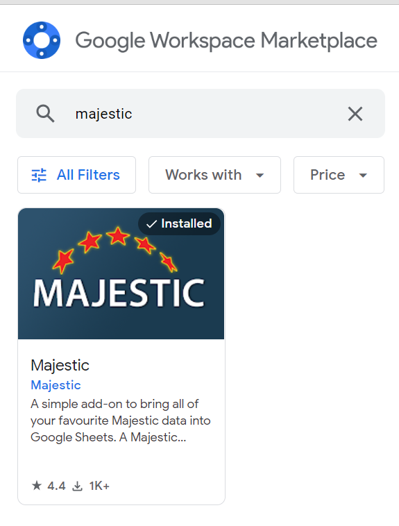 Majestic extension shown on google workspace marketplace